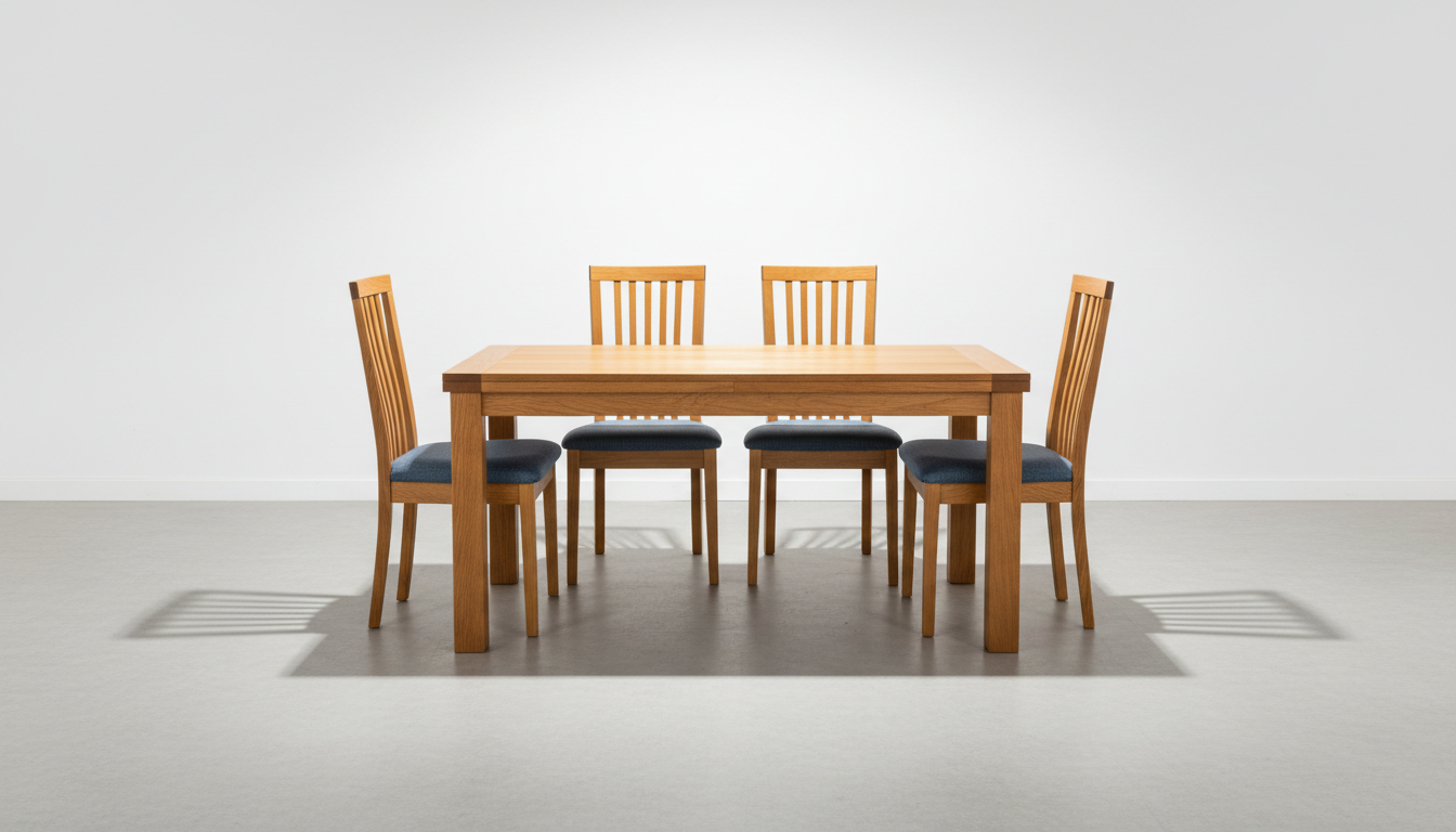 A perfectly aligned, second-hand wooden dining set consisting of a rectangular solid beech table with visible grain and four matching chairs featuring clean vertical backs and upholstered seats in subtle slate blue. The set is positioned on a seamless light gray floor with a pure white wall backdrop, free from distractions. A powerful overhead spotlight creates crisp, elongated shadows under the furniture, highlighting the sturdy build and fabric textures. The atmosphere is bold, energetic, and inviting, with a centered composition and sharp clarity on every surface. The photographic realism underscores quality and style in used dining furniture, aligning with a minimalist yet impactful retail environment.