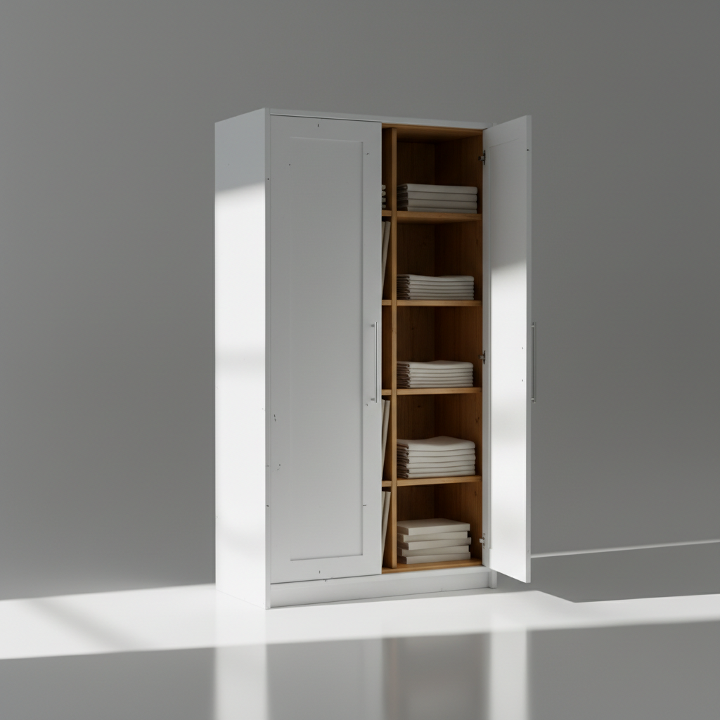 A spacious, gently-used white double-door wardrobe with sleek chrome handles, standing slightly ajar to reveal neatly organized wooden shelves inside. Set against a stark, uncluttered background with subtle gray undertones, the wardrobe rests on a gloss-finished white floor that intensifies reflected light. Bright, directional lighting from the left casts delicately sharp linear shadows, emphasizing the wardrobe’s crisp silhouette and subtle surface imperfections that add character. The mood is bold yet approachable, shot from a three-quarter angle to accentuate depth and dimensionality. The composition is pristine, highlighting both exterior and interior, ideal for a contemporary second-hand store’s bold, clean, and modern aesthetic.