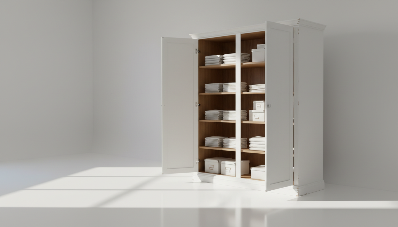 A spacious, gently-used white double-door wardrobe with sleek chrome handles, standing slightly ajar to reveal neatly organized wooden shelves inside. Set against a stark, uncluttered background with subtle gray undertones, the wardrobe rests on a gloss-finished white floor that intensifies reflected light. Bright, directional lighting from the left casts delicately sharp linear shadows, emphasizing the wardrobe’s crisp silhouette and subtle surface imperfections that add character. The mood is bold yet approachable, shot from a three-quarter angle to accentuate depth and dimensionality. The composition is pristine, highlighting both exterior and interior, ideal for a contemporary second-hand store’s bold, clean, and modern aesthetic.