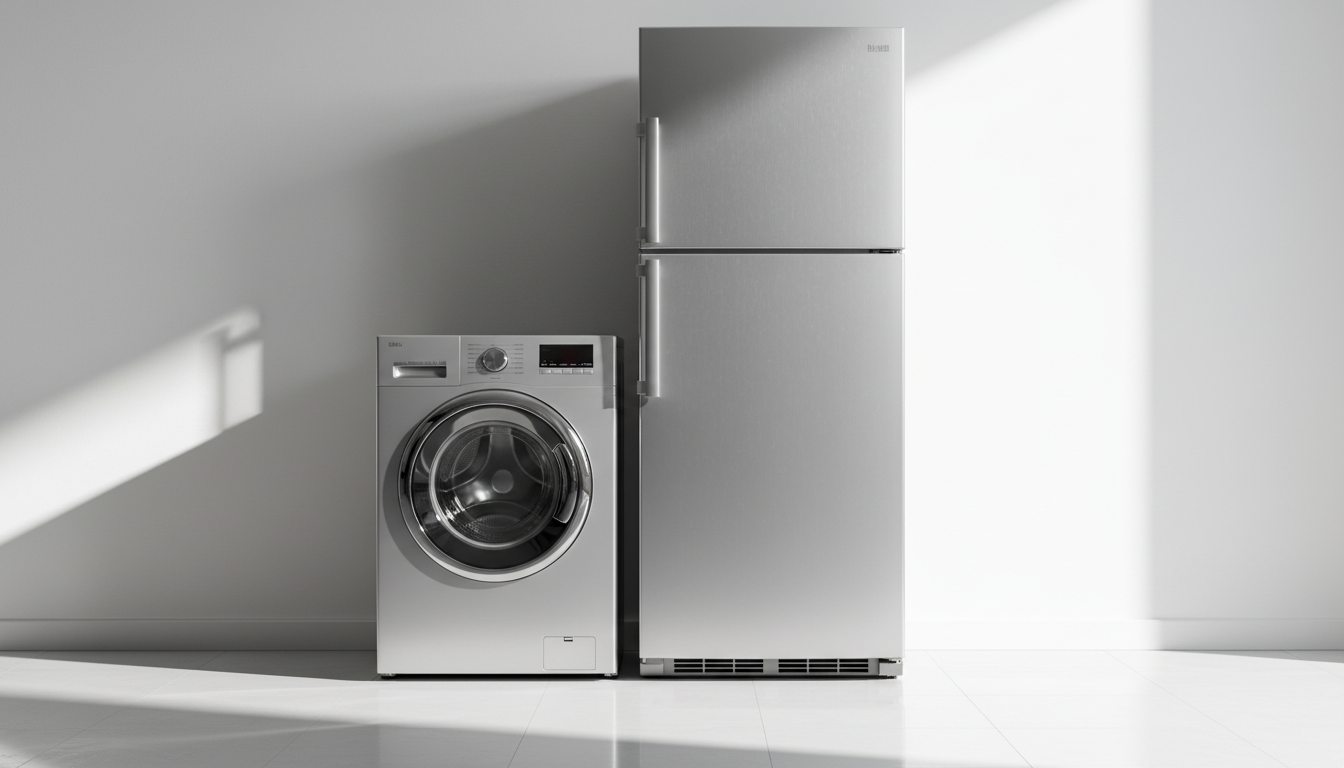 A gleaming second-hand stainless steel refrigerator with a brushed metal texture and spotless handles stands prominently against a plain white wall, flanked by a matching used front-loading washing machine with clear, reflective glass and polished control dials. The objects are neatly spaced apart on a flawless, light-reflective floor. Powerful side lighting accentuates the metallic surfaces and casts sharp, bold shadows, emphasizing the high-impact, product-focused feel. The mood is assertive and trustworthy, with the camera placed at eye-level for a direct, up-close view. The photo-realistic, minimalist setting draws all attention to the appliance details, aligning with a modern and bold retail aesthetic for second-hand white goods.