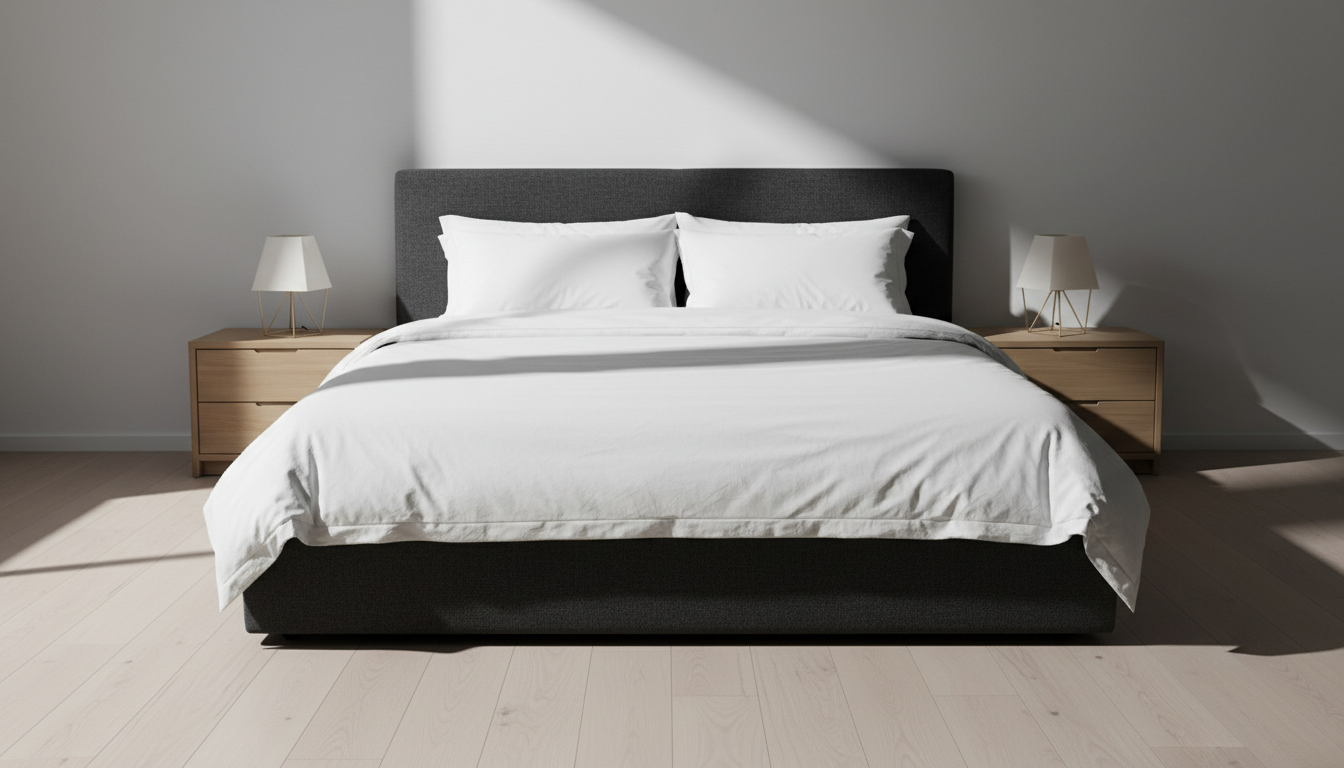 A neatly made pre-owned queen-sized bed with a modern low-profile, dark charcoal fabric headboard, crisp white bedding, and two minimalist nightstands on each side holding geometric lamps. The bedroom set is presented on a smooth, pale hardwood floor, with a seamless pale-gray background free from any visual clutter. Hard, focused directional lighting from above and slightly behind creates dramatic contrast with eye-catching shadows along the bedding folds and headboard edges. The mood is powerhouse yet welcoming, captured from a forward, eye-level composition with full focus and a minimalist, photographic style. Every element radiates cleanliness and sophistication, representing high-quality used bedroom ensembles for a bold retail environment.