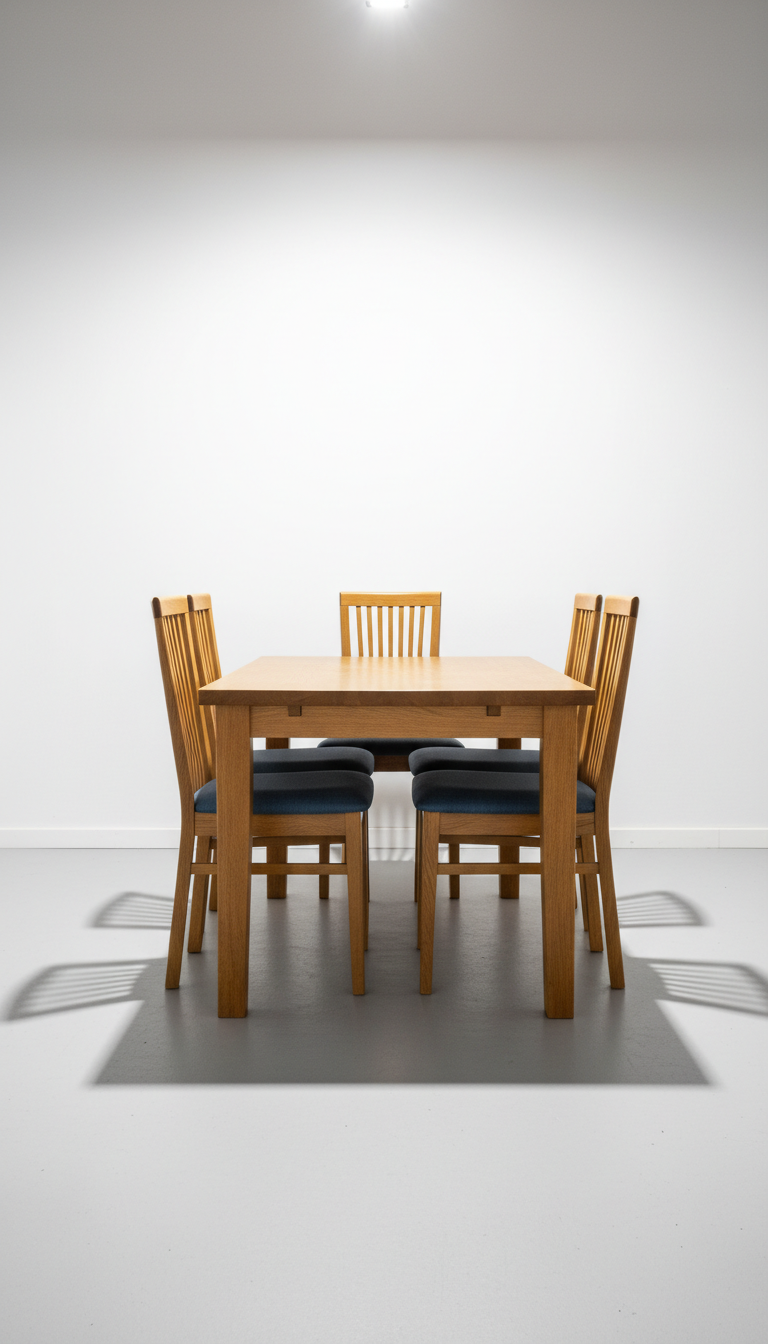 A perfectly aligned, second-hand wooden dining set consisting of a rectangular solid beech table with visible grain and four matching chairs featuring clean vertical backs and upholstered seats in subtle slate blue. The set is positioned on a seamless light gray floor with a pure white wall backdrop, free from distractions. A powerful overhead spotlight creates crisp, elongated shadows under the furniture, highlighting the sturdy build and fabric textures. The atmosphere is bold, energetic, and inviting, with a centered composition and sharp clarity on every surface. The photographic realism underscores quality and style in used dining furniture, aligning with a minimalist yet impactful retail environment.