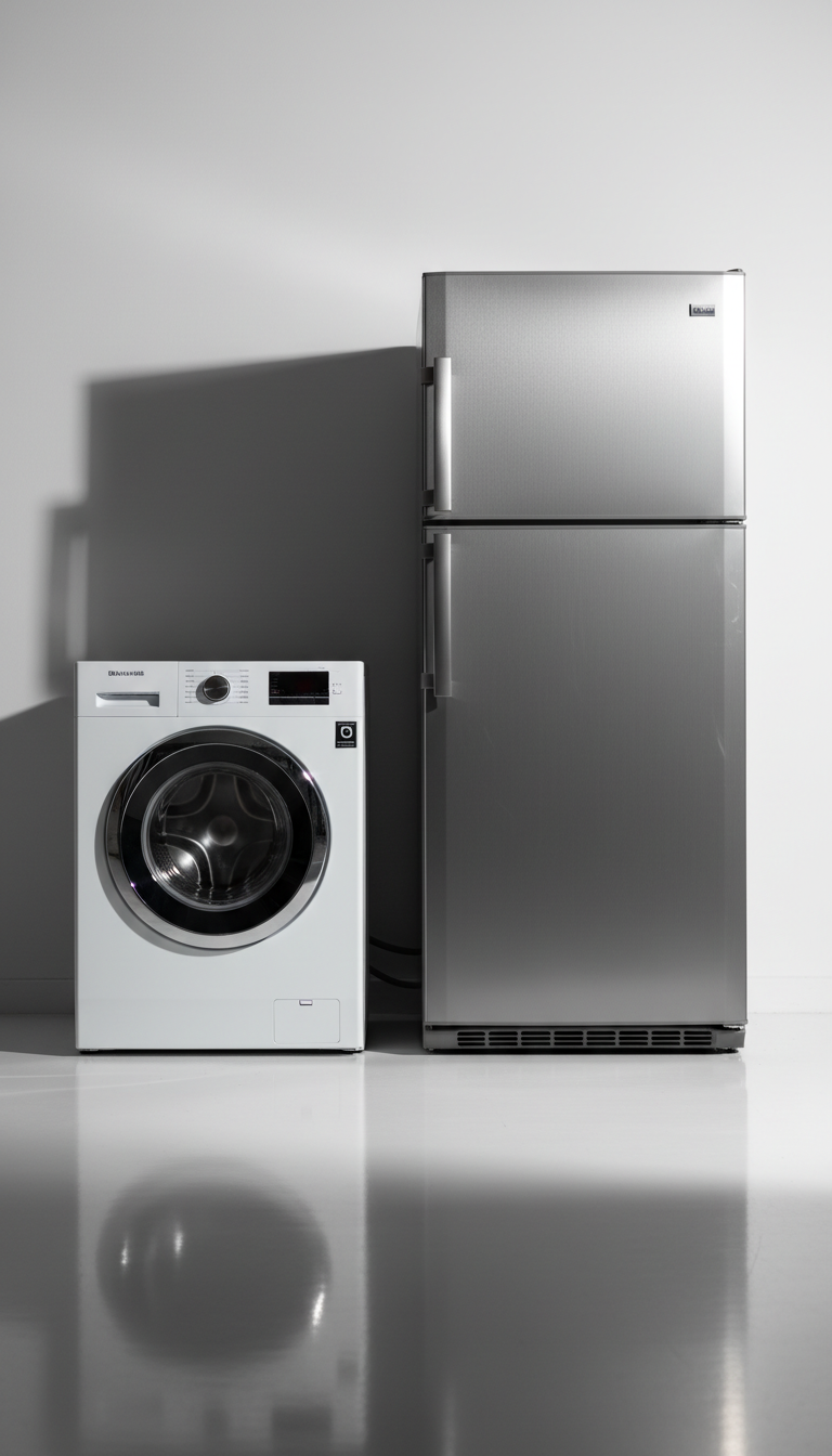 A gleaming second-hand stainless steel refrigerator with a brushed metal texture and spotless handles stands prominently against a plain white wall, flanked by a matching used front-loading washing machine with clear, reflective glass and polished control dials. The objects are neatly spaced apart on a flawless, light-reflective floor. Powerful side lighting accentuates the metallic surfaces and casts sharp, bold shadows, emphasizing the high-impact, product-focused feel. The mood is assertive and trustworthy, with the camera placed at eye-level for a direct, up-close view. The photo-realistic, minimalist setting draws all attention to the appliance details, aligning with a modern and bold retail aesthetic for second-hand white goods.