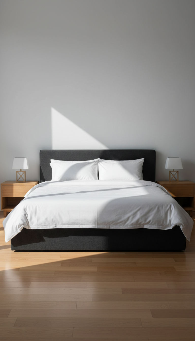 A neatly made pre-owned queen-sized bed with a modern low-profile, dark charcoal fabric headboard, crisp white bedding, and two minimalist nightstands on each side holding geometric lamps. The bedroom set is presented on a smooth, pale hardwood floor, with a seamless pale-gray background free from any visual clutter. Hard, focused directional lighting from above and slightly behind creates dramatic contrast with eye-catching shadows along the bedding folds and headboard edges. The mood is powerhouse yet welcoming, captured from a forward, eye-level composition with full focus and a minimalist, photographic style. Every element radiates cleanliness and sophistication, representing high-quality used bedroom ensembles for a bold retail environment.