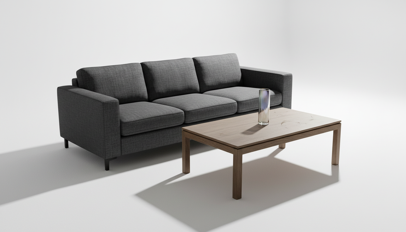 A meticulously arranged set of second-hand living room furniture including a sleek gray three-seater sofa with modern squared edges, a lightly worn oak coffee table with a subtle matte grain pattern, and an elegant glass vase resting atop. The pieces sit on a flawless white floor against a pure minimalist background, emphasizing their condition and style. Dramatic, sharp directional lighting from the right creates crisp shadows and highlights the texture of the upholstery and wood grains, giving each item a bold, distinguished presence. The mood is dynamic and confident, captured from a slightly elevated angle with sharp focus throughout. The composition is balanced yet striking, perfect for showcasing pre-owned furniture in a clean, contemporary, and photographic style.